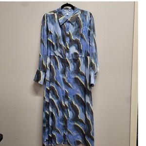 Country Road Linen Silk Blend Abstract Print Midi Shirt Dress Blue Womens 14